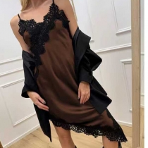 Satin & Lace Slip Dress - Asymmetrical Midi with Contrast Trim