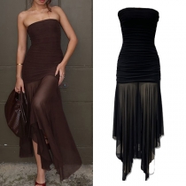 Sexy Strapless Mesh Maxi Dress - Ruched Bodycon with Sheer Flowy Skirt