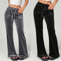 Women's High-Rise Velvet Trousers - Straight Leg Relaxed Fit with Front Pockets
