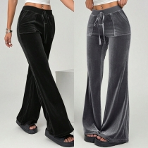 Women's High-Rise Velvet Trousers - Straight Leg Relaxed Fit with Front Pockets