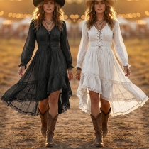 Western Boho Dress - Lace-Up Front with High-Low Ruffle Hem