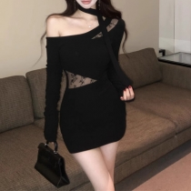 Gothic Glam Asymmetrical Mini Dress -  Sheer Lace Inserts & One-Shoulder Neckline