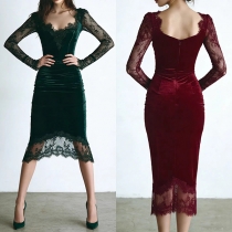Fashion Velvet Bodycon Dress - Scalloped Lace Trim & Sweetheart Neck