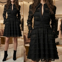 Fashion Tiered Ruffle Texture Mini Dress - Deep V-Neck with Side Pockets