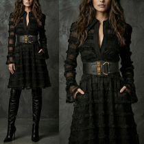 Fashion Tiered Ruffle Texture Mini Dress - Deep V-Neck with Side Pockets