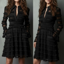Fashion Tiered Ruffle Texture Mini Dress - Deep V-Neck with Side Pockets