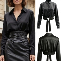 Black Satin Cropped Shirt with Long Sleeves and Hook-and-Eye Waist Straps