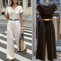 Elegant Draped Neck Cap Sleeve Straight-cut Satin Jumpsuit