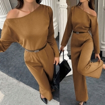 Fashion Slant Shoulder Long Sleeve Straight-cut Jumpsuit