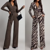 Fashion Printed V-neck Long Sleeve Self-tie Straight-cut Jumpsuit
