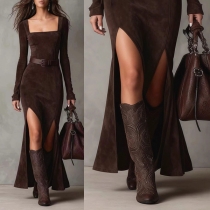 Fashion Faux Suede Maxi Dress - Square Neck Long Sleeve with Belt & High Slit