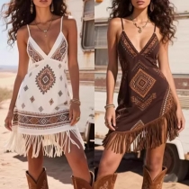 Brown Southwestern Fringe Mini Dress - V-Neck Cami with Aztec Geometric Print & Asymmetrical Hem