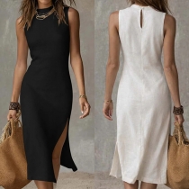 Fashion Crew Neck Sleeveless Side Slit Bodycon Dress