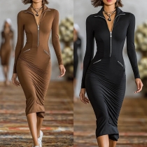Women's Sporty-Chic Bodycon Dress with Half-Zip Front & Long Sleeves