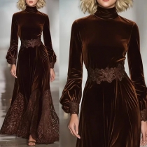 Vintage Brown Velvet Maxi Dress with Intricate Lace Detailing