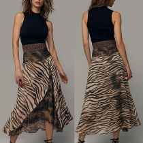 Boho-Luxe Mixed Animal Print Midi Dress – Ribbed Black Tank Top with Zebra & Leopard Skirt