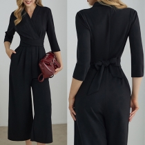 Elegant V-neck Elbow Sleeve High-rise Side Pockets Straight-cut Jumpsuit