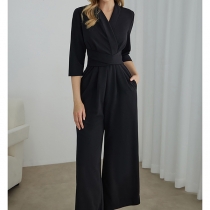 Elegant V-neck Elbow Sleeve High-rise Side Pockets Straight-cut Jumpsuit