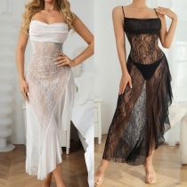 Sexy Draped Square Neck Ruffle Side Slit Lace Nightwear Slip Dress