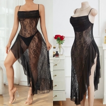 Sexy Draped Square Neck Ruffle Side Slit Lace Nightwear Slip Dress