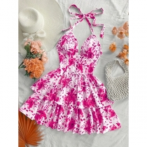 Fresh Style Floral Printed Lace-up V-neck Halter Neck Tiered Backless Dress