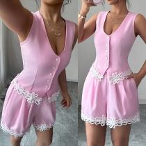 Fashion Floral Crochet Spliced Pink Two-piece Set Consist of Vest and Shorts