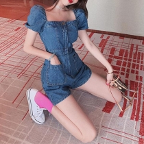 Women's Vintage Denim Romper with Puff Sleeves and Square Neck