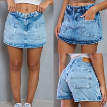 Women's Light Wash Denim Skort with Front Patch Pockets
