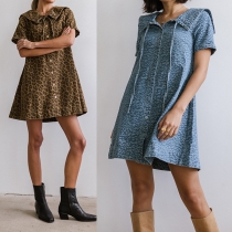 Vintage Floral Jacquard Drawstring Lapel Collar Short Sleeve Front Button Side Pockets Denim Dress