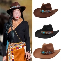 Women's Felt Western Cowgirl Hat with Floral Embroidery & Turquoise Stone Concho Band