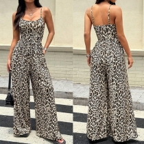 Women's Sexy Leopard Print Spaghetti Strap Jumpsuit - Wide Leg Square Neck Summer Romper