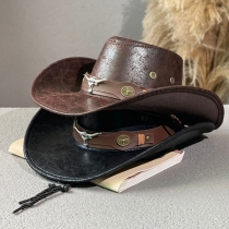Men's Vintage Distressed Faux Leather Cowboy Hat - Western Outback Style with Longhorn Emblem & Chin Strap
