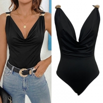 Chic Black Draped Neck Bodysuit with Gold Metal Ring Straps