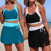 Women's Contrast Trim Sporty Swimwear - Tennis Style Crop Top & High Waisted Side Tie Swim Skirt Set