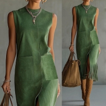 Women's Faux Suede Fringe Midi Dress - Sleeveless Crew Neck Western Boho Shift Dress with Pockets