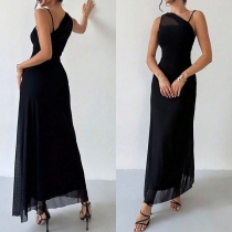 Women's Elegant Asymmetrical Mesh Splice Maxi Dress - Sleeveless Black Bodycon Evening Cocktail Gown