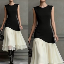 Women's Elegant Color Block Midi Dress - Sleeveless Crew Neck Asymmetrical Patchwork Pleated Chiffon Dress