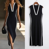 Fashion Sporty-Chic Midi Dress: Black & White Contrast Stripe Sleeveless Dress with Side Slit