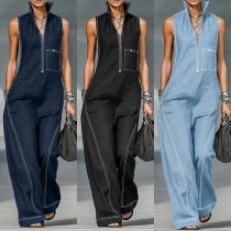 Women's Casual Sleeveless Wide Leg Jumpsuit - Half Zip Romper with Pockets