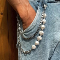 Unisex Baroque Pearl Pants Chain - Double Layer Silver Metal Chain for Jeans & Trousers