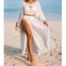 Women's 2 Piece Beach Cover Up Set - Sheer Long Sleeve Crop Top & High Slit Maxi Skirt Swimwear Coverup