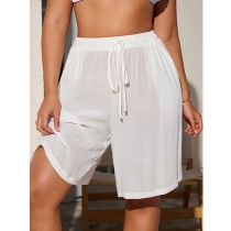 Women's Beach Cover Up Shorts Semi-Sheer Drawstring Elastic Waist Summer Swimwear Bottoms