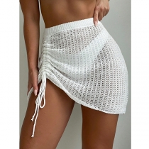 Women's Crochet Beach Cover Up Skirt - Sheer High Waisted Ruched Drawstring Mini Swimwear Skirt