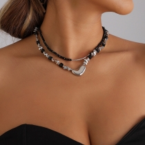 Y2K Double Layered Black Beaded Choker Necklace with Chunky Silver Heart Pendant Grunge Jewelry