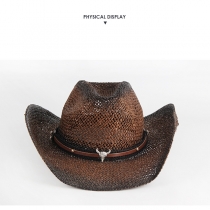 Vintage Braided Straw Cowboy Hat with Bull Headband Breathable Western Sun Hat