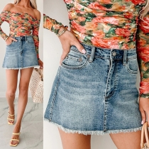 Vintage High Waisted Frayed Raw Hem Washed Denim Mini Skirt with Pockets