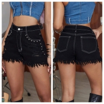 Women's High Waisted Black Denim Shorts- Contrast Stitch Pearl Studded Distressed Raw Hem Festival Shorts