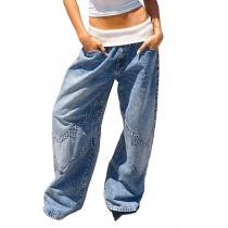 Women's Y2K Low Rise Baggy Jeans Foldover Contrast Waistband Wide Leg Slouchy Streetwear Denim