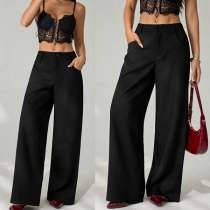 Women's Low Rise Wide Leg Pants Black Flat Front Relaxed Fit Trousers with Pockets