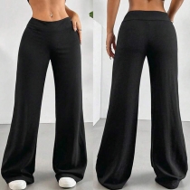 Women's Mid Rise Wide Leg Pants Pull-On Seamless Comfy Lounge Trousers Black